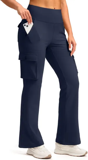 Women's Stretchy Cargo Pants 6 Pockets High Waist Bootcut Flare Leggings for Casual, Work, Travel, Athletic