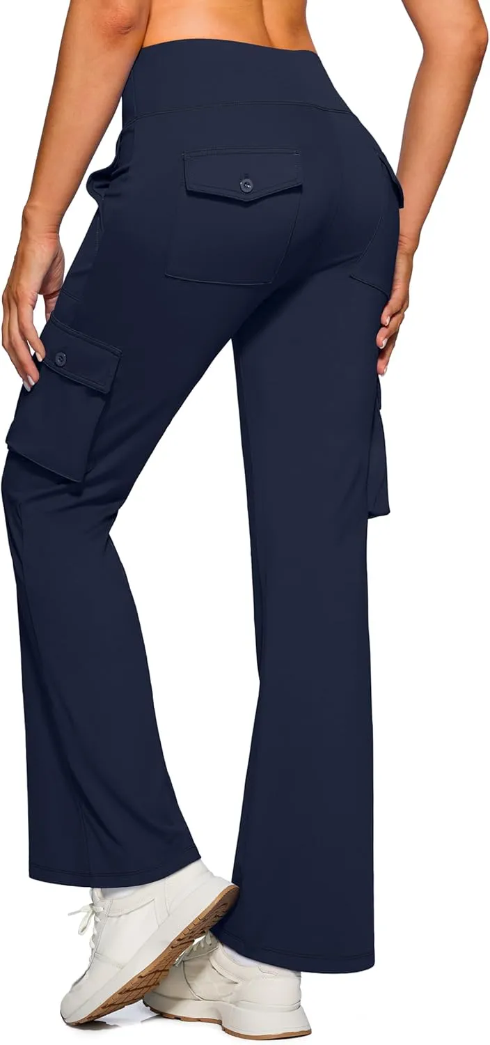 Women's Stretchy Cargo Pants 6 Pockets High Waist Bootcut Flare Leggings for Casual, Work, Travel, Athletic