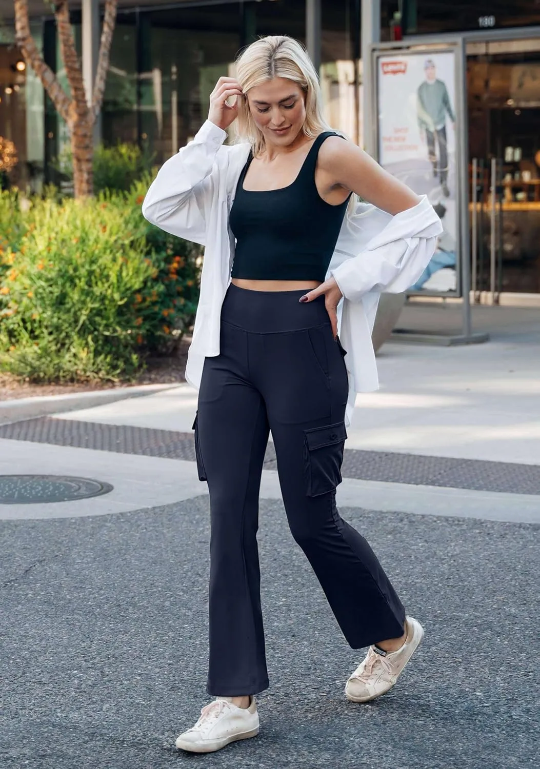 Women's Stretchy Cargo Pants 6 Pockets High Waist Bootcut Flare Leggings for Casual, Work, Travel, Athletic