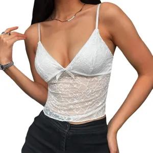 Women's V Neck Camisole Tank Top Mini Bowknot Front Spaghetti Strap Lace Cropped Tops