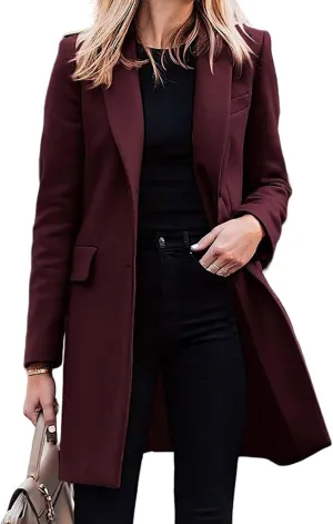 Women's Winter Casual Long Wool Blend Pea Coat Overcoat Notched Lapel Collar Trench Coat Belted Long Jacket Outerwear
