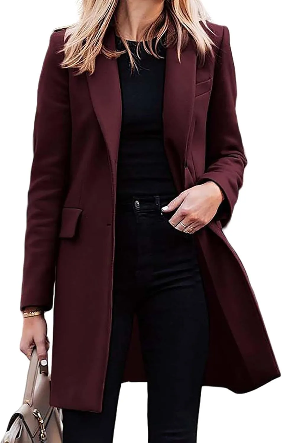 Women's Winter Casual Long Wool Blend Pea Coat Overcoat Notched Lapel Collar Trench Coat Belted Long Jacket Outerwear