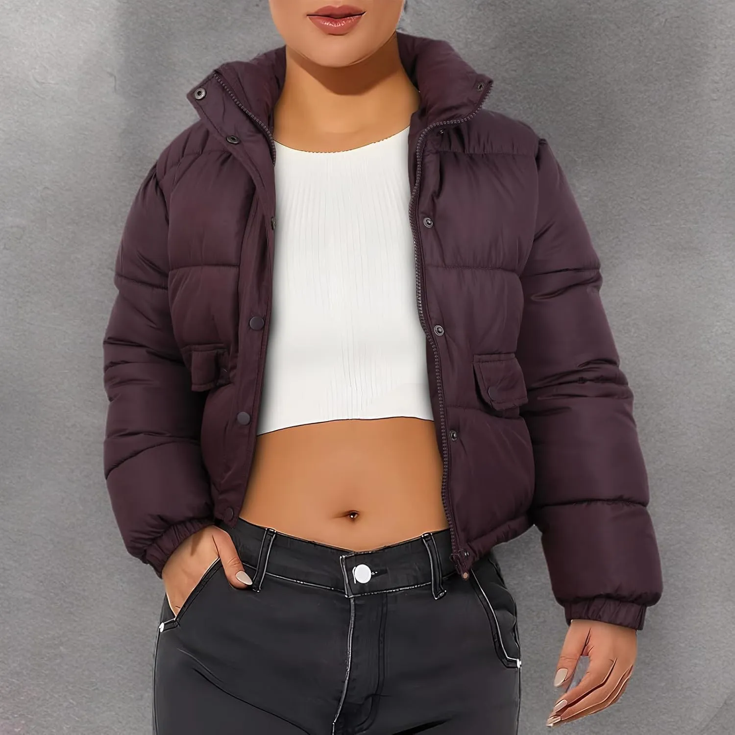 Women's Winter Cropped Puffer Jacket Coat Short Warm Quilted Fashion Jacket
