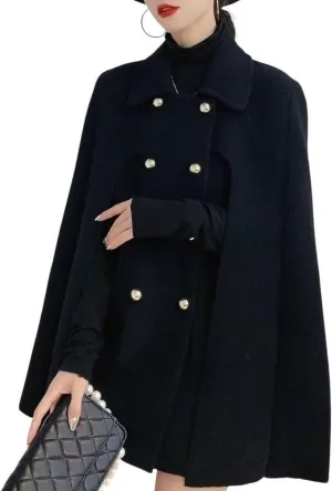 Womens Winter Poncho Double-Breast Wool Blend Jacket Coat Slit Sleeve Flowy Wool Blend Cape Cloak Coat