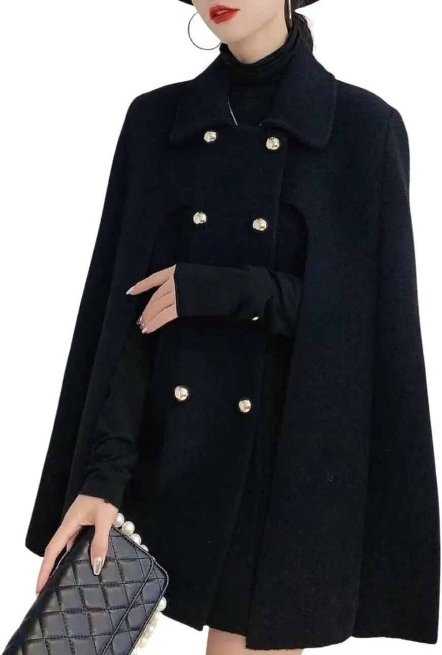 Womens Winter Poncho Double-Breast Wool Blend Jacket Coat Slit Sleeve Flowy Wool Blend Cape Cloak Coat