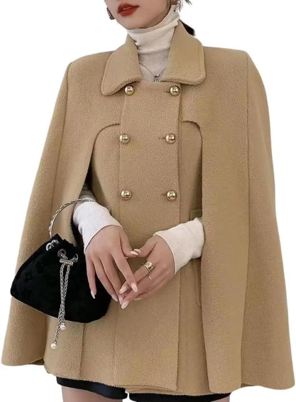 Womens Winter Poncho Double-Breast Wool Blend Jacket Coat Slit Sleeve Flowy Wool Blend Cape Cloak Coat