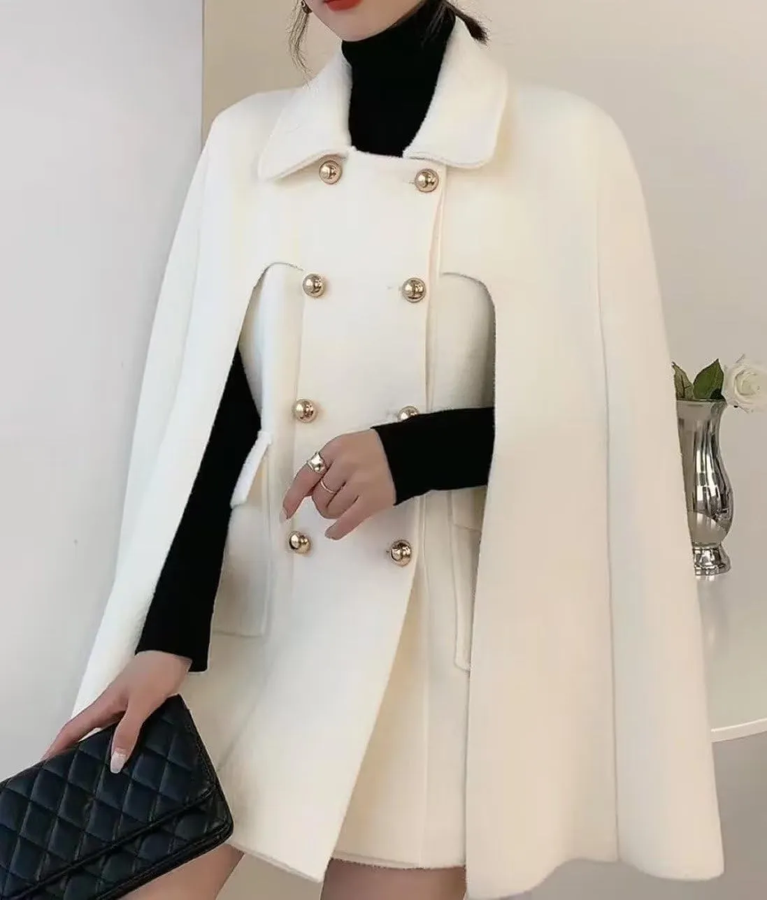 Womens Winter Poncho Double-Breast Wool Blend Jacket Coat Slit Sleeve Flowy Wool Blend Cape Cloak Coat