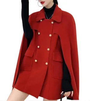 Womens Winter Poncho Double-Breast Wool Blend Jacket Coat Slit Sleeve Flowy Wool Blend Cape Cloak Coat
