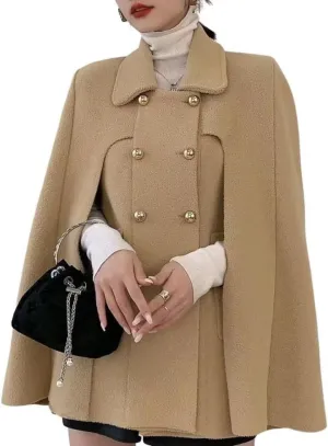 Womens Winter Poncho Double-Breast Wool Blend Jacket Coat Slit Sleeve Flowy Wool Blend Cape Cloak Coat