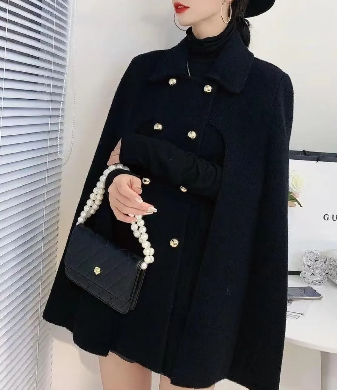 Womens Winter Poncho Double-Breast Wool Blend Jacket Coat Slit Sleeve Flowy Wool Blend Cape Cloak Coat