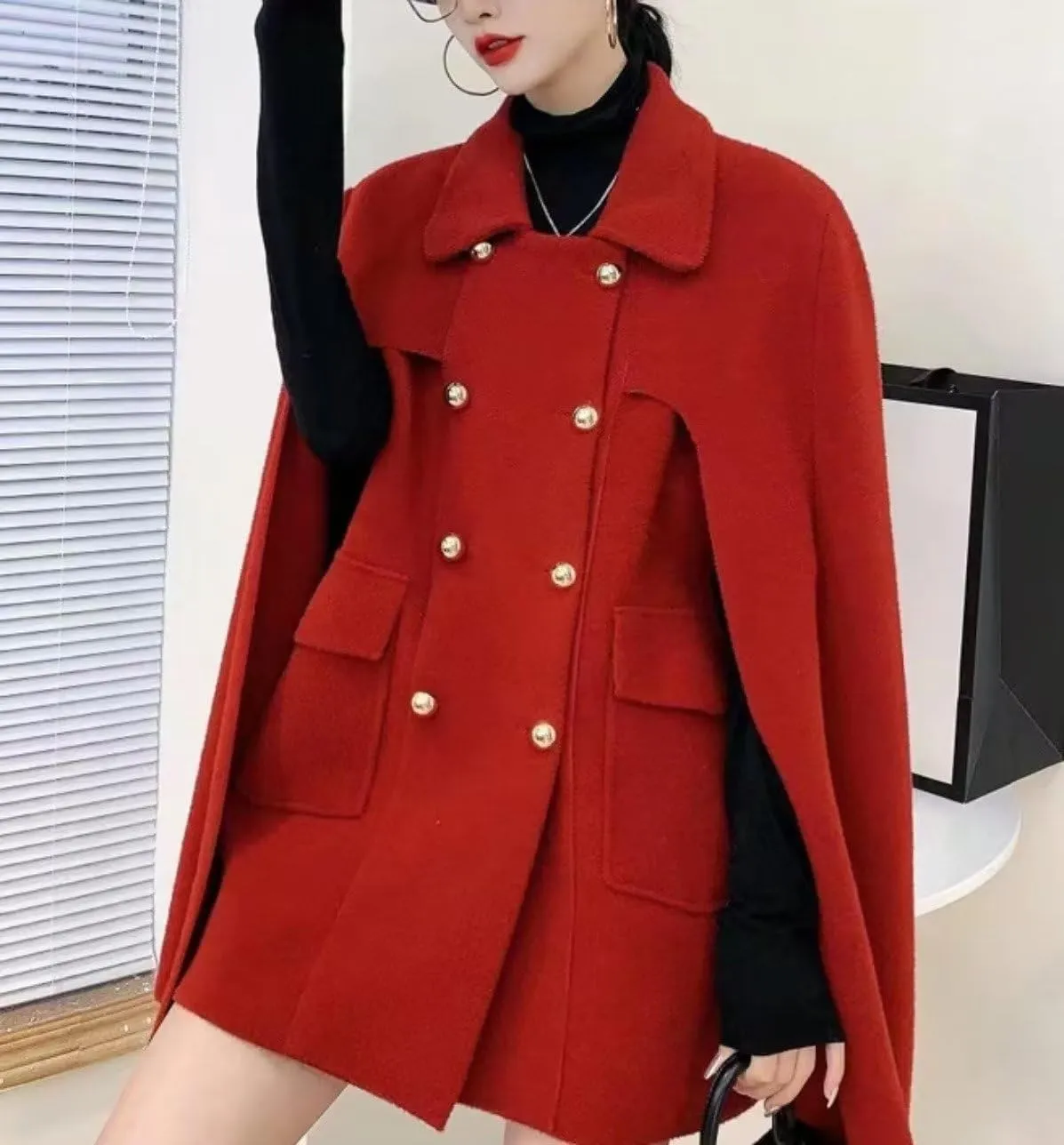 Womens Winter Poncho Double-Breast Wool Blend Jacket Coat Slit Sleeve Flowy Wool Blend Cape Cloak Coat