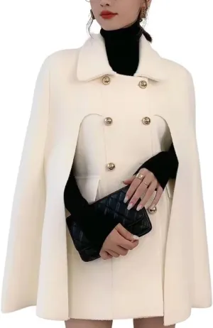 Womens Winter Poncho Double-Breast Wool Blend Jacket Coat Slit Sleeve Flowy Wool Blend Cape Cloak Coat