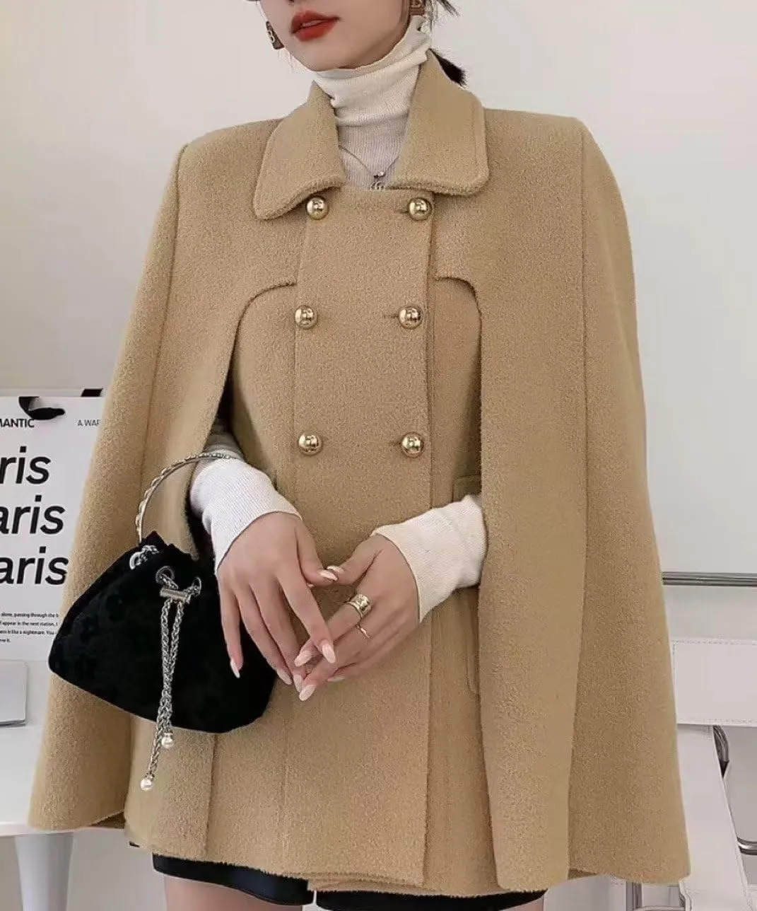 Womens Winter Poncho Double-Breast Wool Blend Jacket Coat Slit Sleeve Flowy Wool Blend Cape Cloak Coat