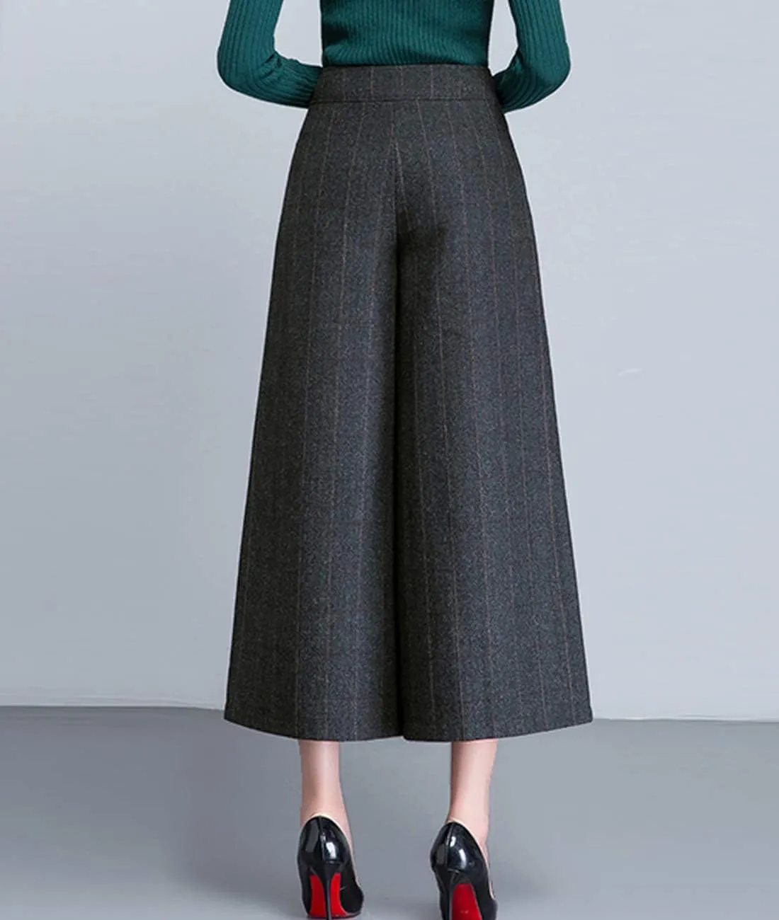 Women's Winter Thicken High Waist Wool Blend Wide Leg Cropped Pants Trousers