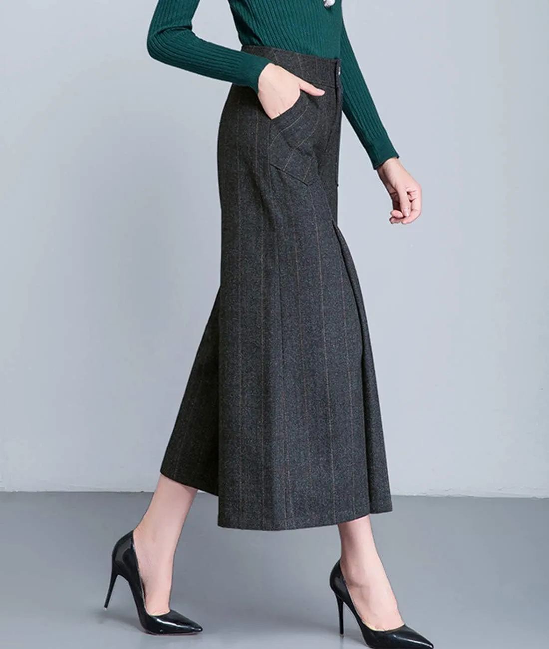 Women's Winter Thicken High Waist Wool Blend Wide Leg Cropped Pants Trousers