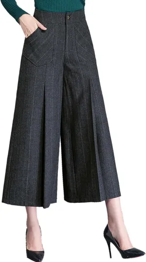 Women's Winter Thicken High Waist Wool Blend Wide Leg Cropped Pants Trousers