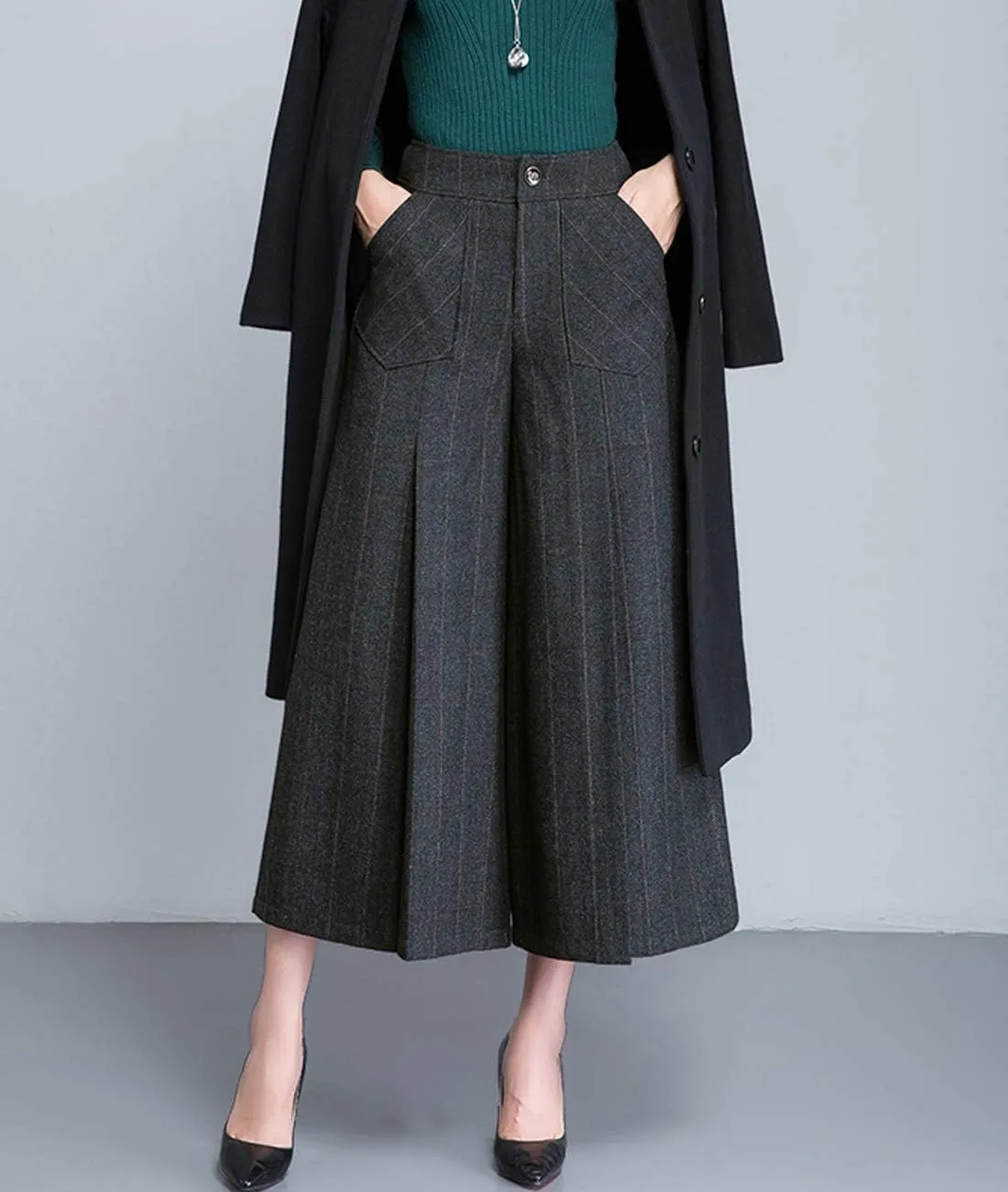 Women's Winter Thicken High Waist Wool Blend Wide Leg Cropped Pants Trousers