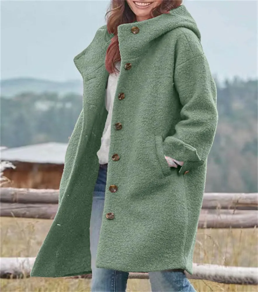 Womens Winter Wool Pea Coat Single Breasted Long Trench Coats with Hooded Outerwear Jackets