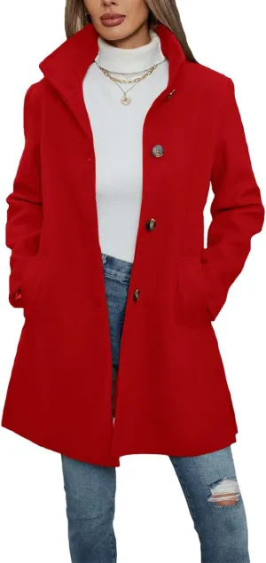 Women's Wool Blend Trench Coat Casual Lapel Overcoat Outerwear Long Sleeve Classic Single-Breasted Peacoat Jacket