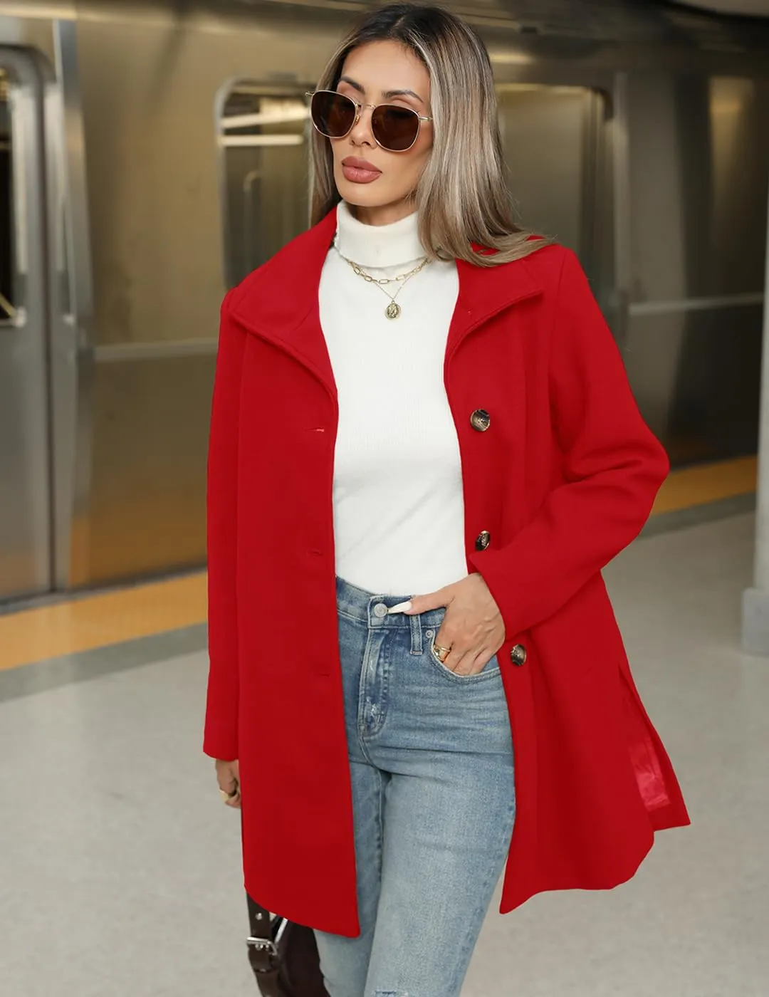 Women's Wool Blend Trench Coat Casual Lapel Overcoat Outerwear Long Sleeve Classic Single-Breasted Peacoat Jacket