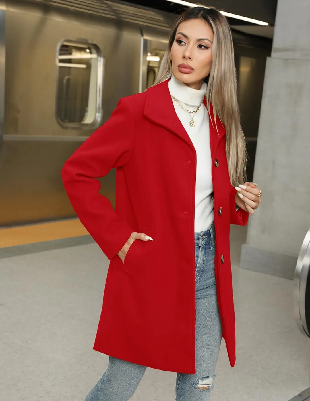 Women's Wool Blend Trench Coat Casual Lapel Overcoat Outerwear Long Sleeve Classic Single-Breasted Peacoat Jacket