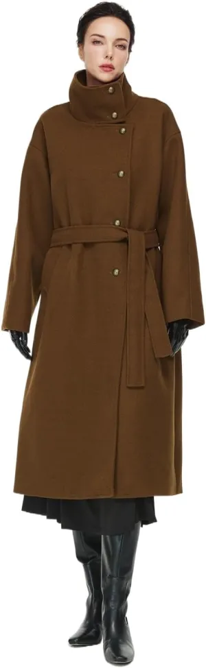 Womens Wool Blend Winter Coat with Belt Stand Collar Single Breasted Trench Outerwear Overcoat