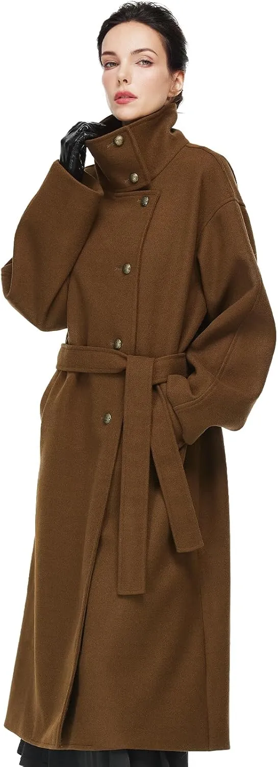 Womens Wool Blend Winter Coat with Belt Stand Collar Single Breasted Trench Outerwear Overcoat