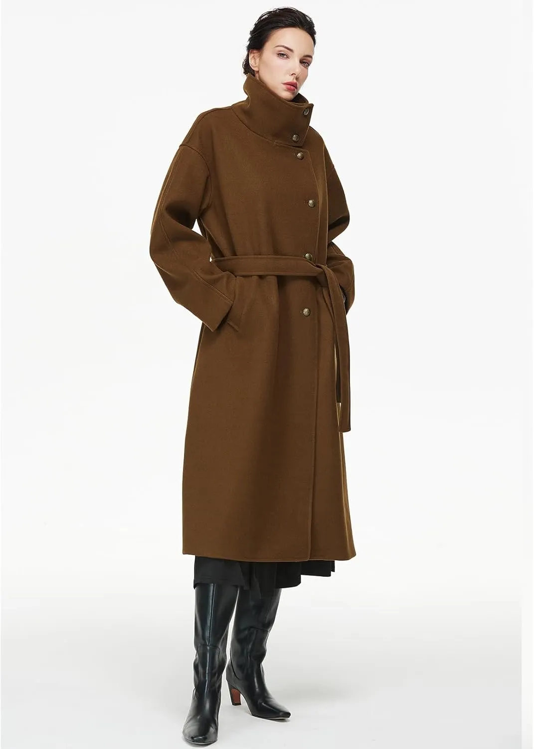 Womens Wool Blend Winter Coat with Belt Stand Collar Single Breasted Trench Outerwear Overcoat