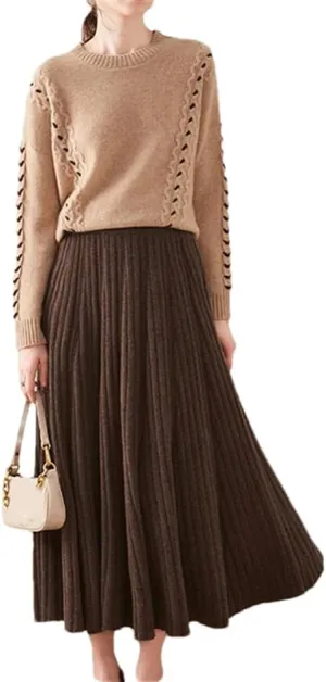 Women's Wool Knit Skirt Stretch High Waist Solid Color Pleated Office Midi Skirts