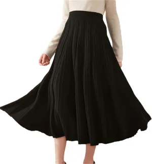 Women's Wool Knit Skirt Stretch High Waist Solid Color Pleated Office Midi Skirts
