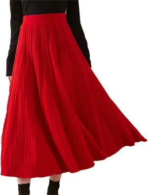 Women's Wool Knit Skirt Stretch High Waist Solid Color Pleated Office Midi Skirts