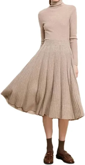 Women's Wool Knit Skirt Stretch High Waist Solid Color Pleated Office Midi Skirts