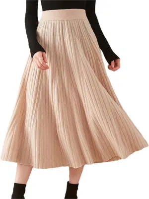Women's Wool Knit Skirt Stretch High Waist Solid Color Pleated Office Midi Skirts
