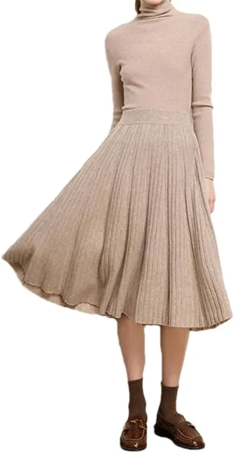 Women's Wool Knit Skirt Stretch High Waist Solid Color Pleated Office Midi Skirts