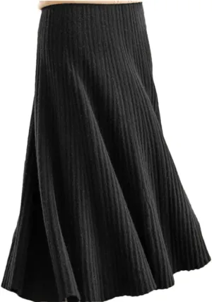 Women's Wool Knitted Skirt A-Line Stretch High Waist Solid Color Pleated Midi Skirts