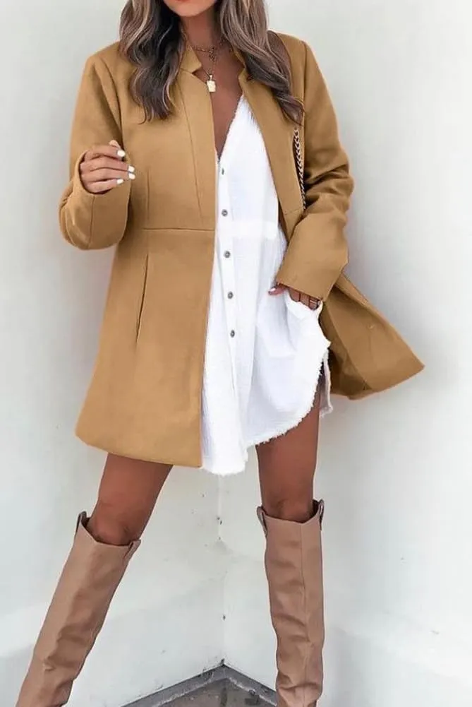 Women's Woolen Blend Work Office Blazer Jacket Stand Collar Mid Long Open Front Cardigan Coat Outwear with Pockets