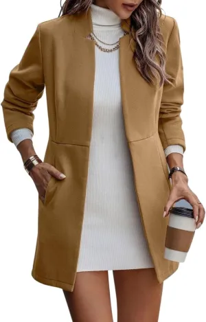 Women's Woolen Blend Work Office Blazer Jacket Stand Collar Mid Long Open Front Cardigan Coat Outwear with Pockets