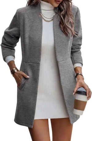 Women's Woolen Blend Work Office Blazer Jacket Stand Collar Mid Long Open Front Cardigan Coat Outwear with Pockets