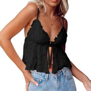 Women's Y2k Tank Tops V Neck Ruched Front Tie Up Camisole Solid Color Ruffle Backless Summer Vest Tops Streetwear