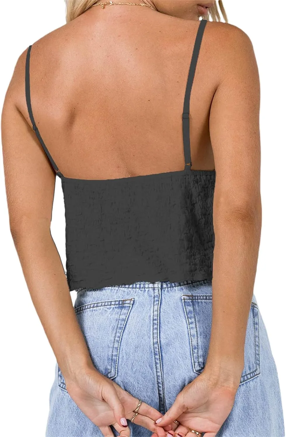 Women's Y2k Tank Tops V Neck Ruched Front Tie Up Camisole Solid Color Ruffle Backless Summer Vest Tops Streetwear