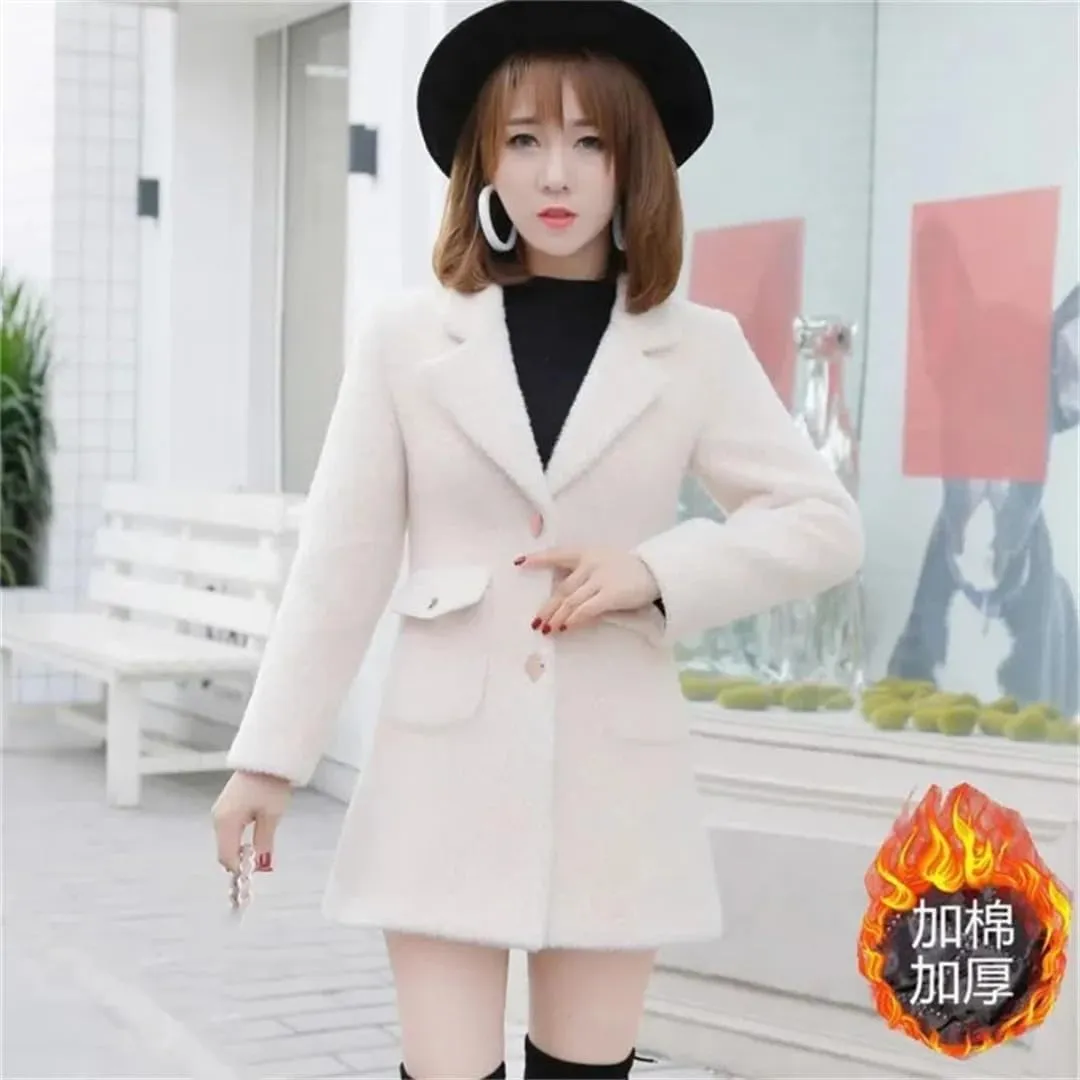 Wool Jackets Women's Long Autumn Winter Jacket Imitation Mink Cotton Padded Little Woolen Coat Outerwear