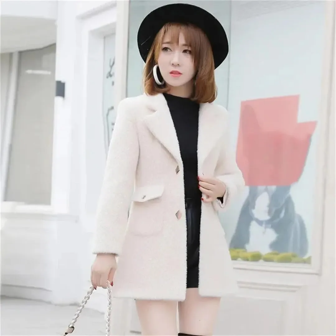 Wool Jackets Women's Long Autumn Winter Jacket Imitation Mink Cotton Padded Little Woolen Coat Outerwear