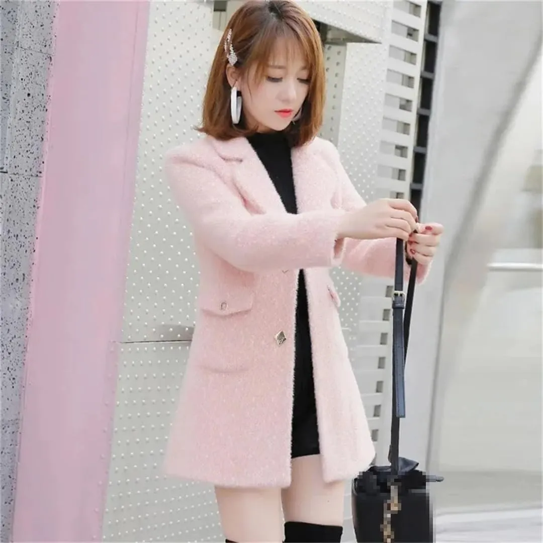 Wool Jackets Women's Long Autumn Winter Jacket Imitation Mink Cotton Padded Little Woolen Coat Outerwear