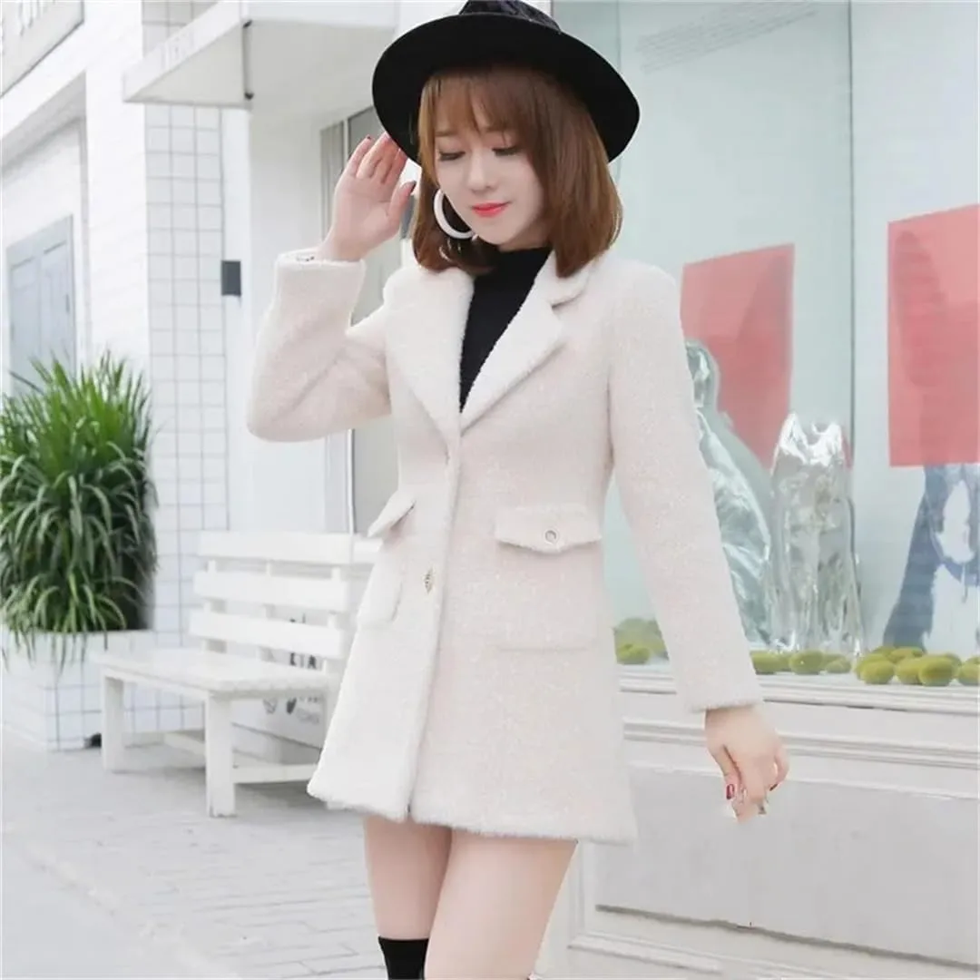 Wool Jackets Women's Long Autumn Winter Jacket Imitation Mink Cotton Padded Little Woolen Coat Outerwear