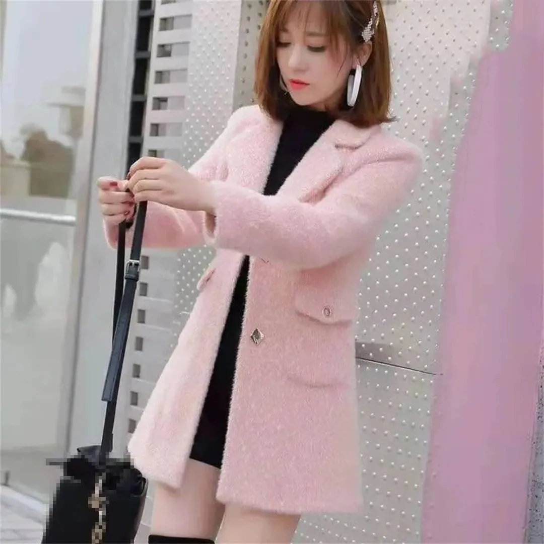 Wool Jackets Women's Long Autumn Winter Jacket Imitation Mink Cotton Padded Little Woolen Coat Outerwear
