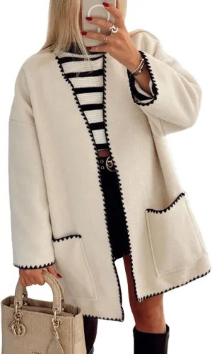 Wyeysyt Womens Embroidered Wool Blend Jacket Oversized Cardigan Mid Long Trench Coat Outerwear with Pockets