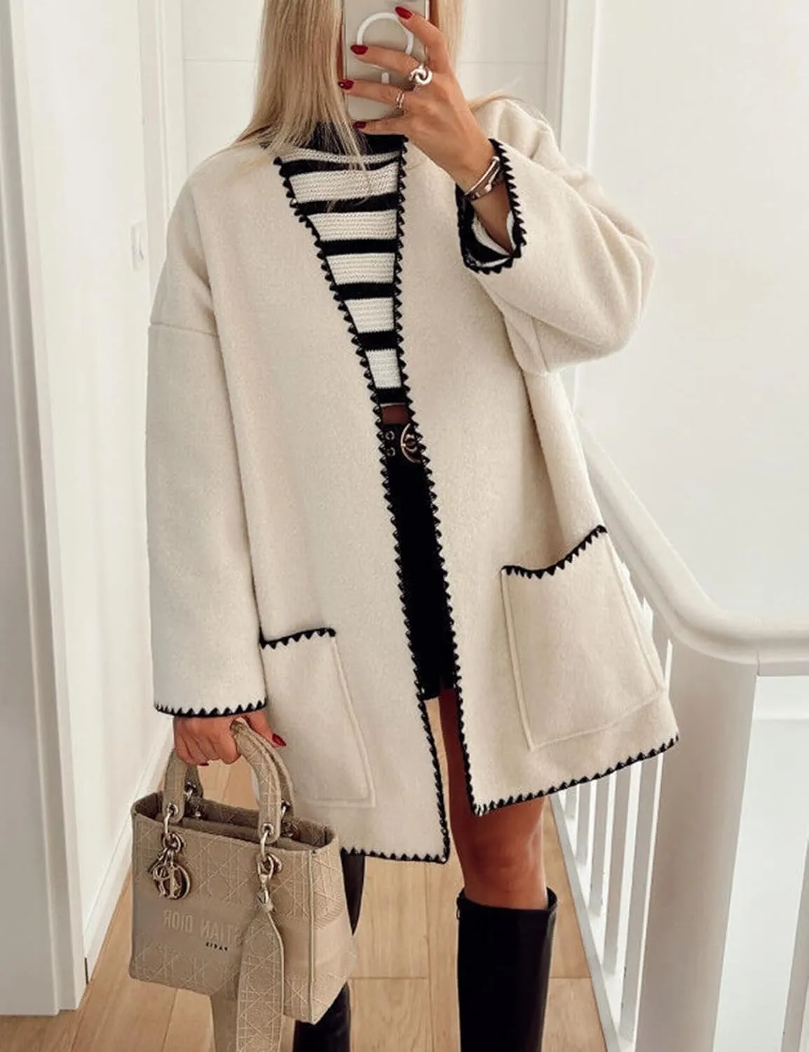 Wyeysyt Womens Embroidered Wool Blend Jacket Oversized Cardigan Mid Long Trench Coat Outerwear with Pockets