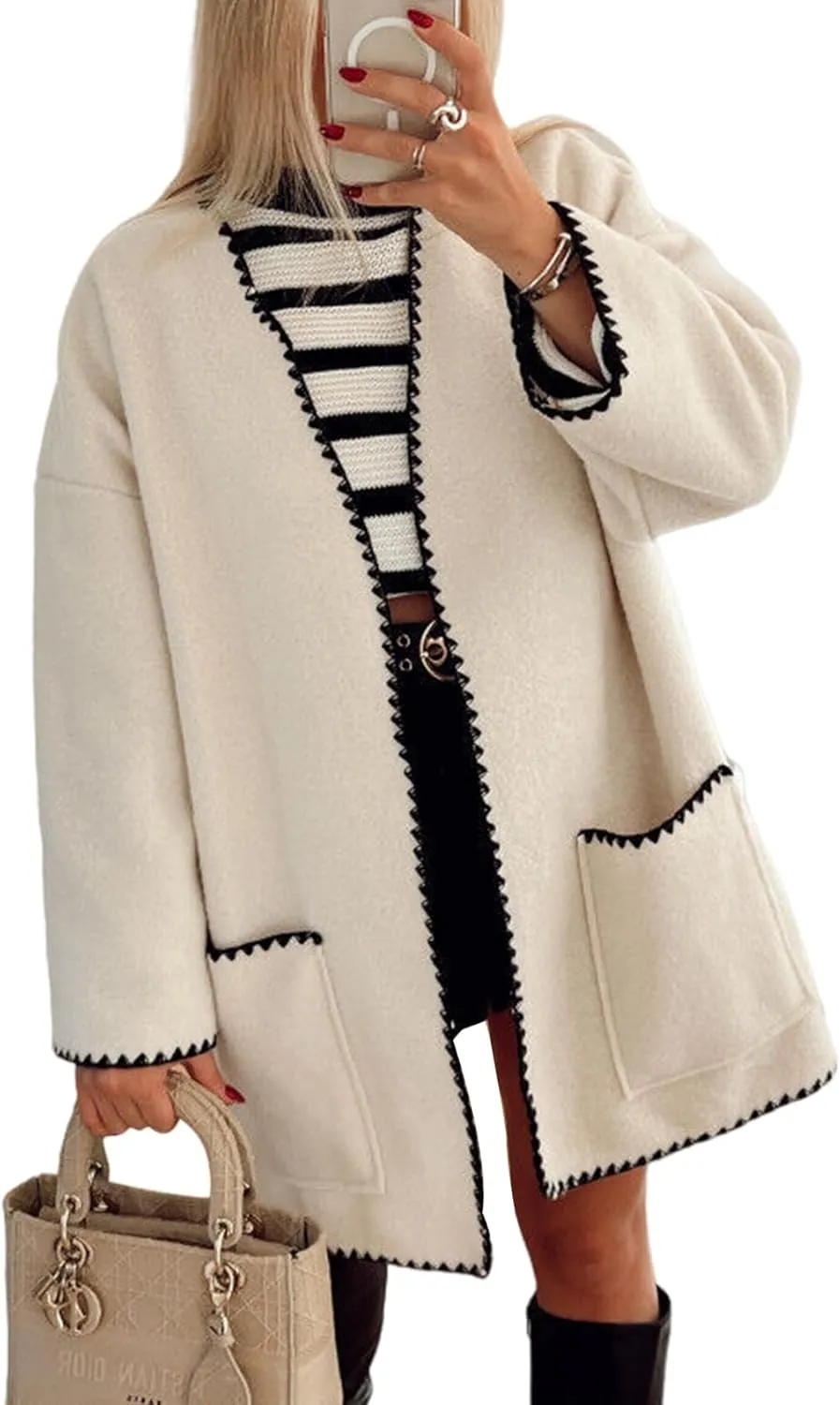 Wyeysyt Womens Embroidered Wool Blend Jacket Oversized Cardigan Mid Long Trench Coat Outerwear with Pockets