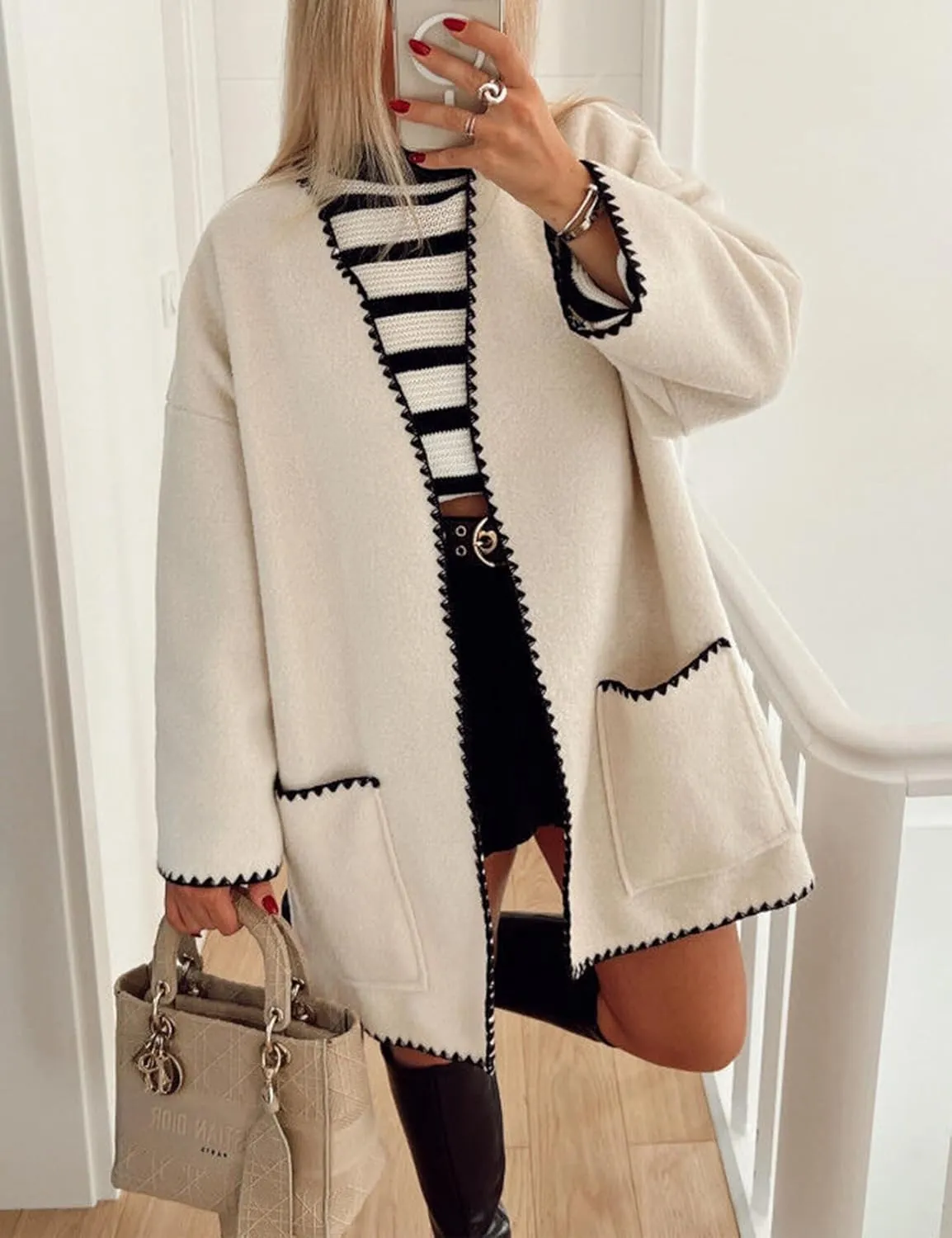 Wyeysyt Womens Embroidered Wool Blend Jacket Oversized Cardigan Mid Long Trench Coat Outerwear with Pockets