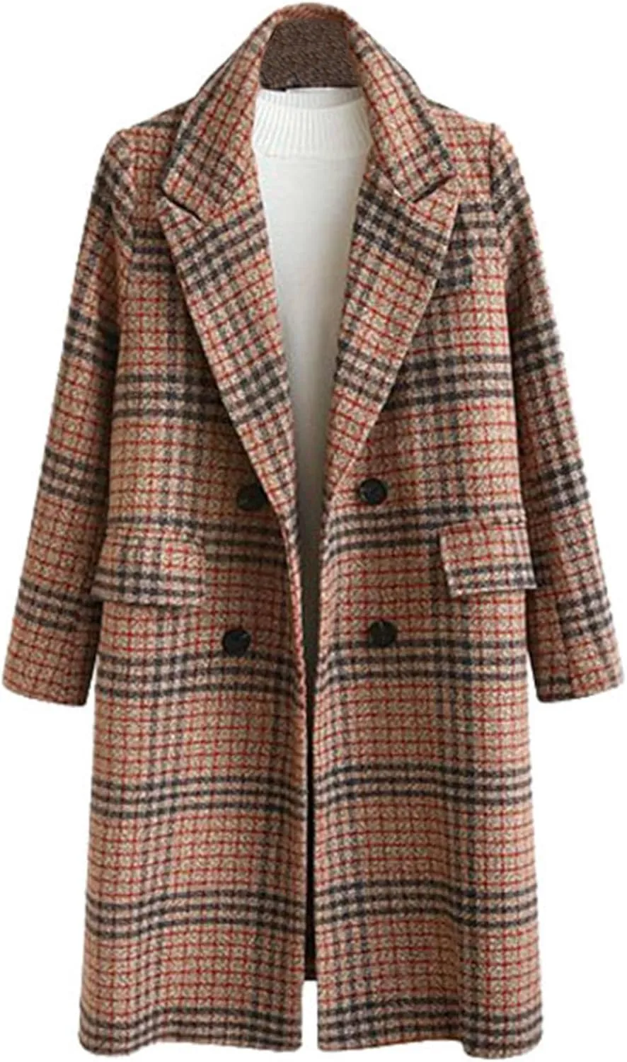 xxxiticat Women's Plaid Trench Coat Double Breasted Long Peacoat Winter Camel Peak Lapel Loose Woolen Jacket Outerwear